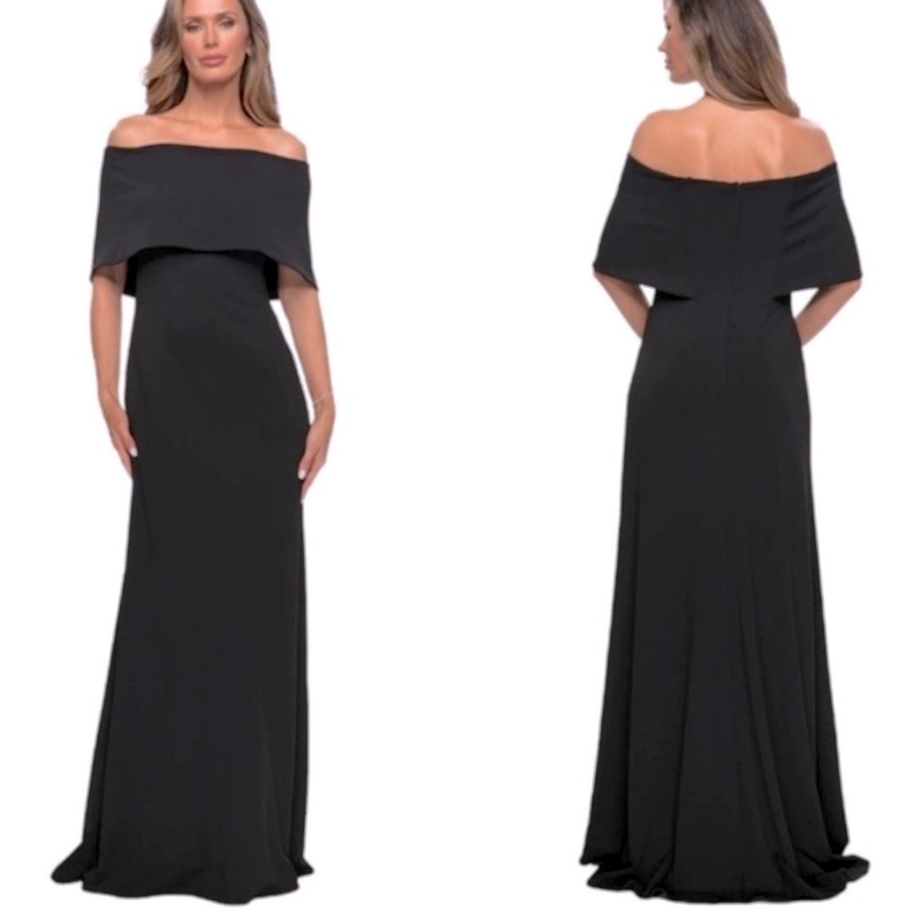 La Femme Black Off-Shoulder Gown for Wedding Guest